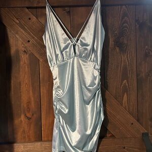 Shimmering Light Blue V-Neck Mini Dress